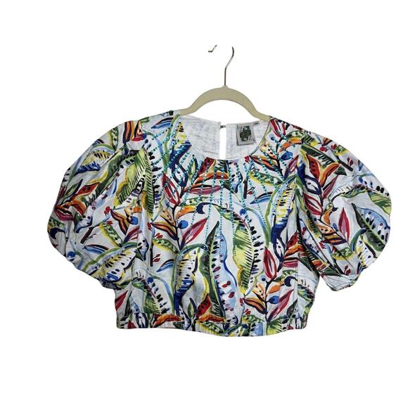 Queen of Sparkles Tropical Puff Sleeve Jeweled Crop Top Sz. M - Picture 4 of 10